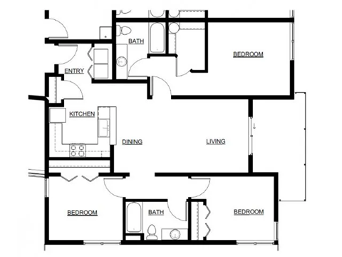 Floor plan for 3 beds, 2 baths, 1153 sqft